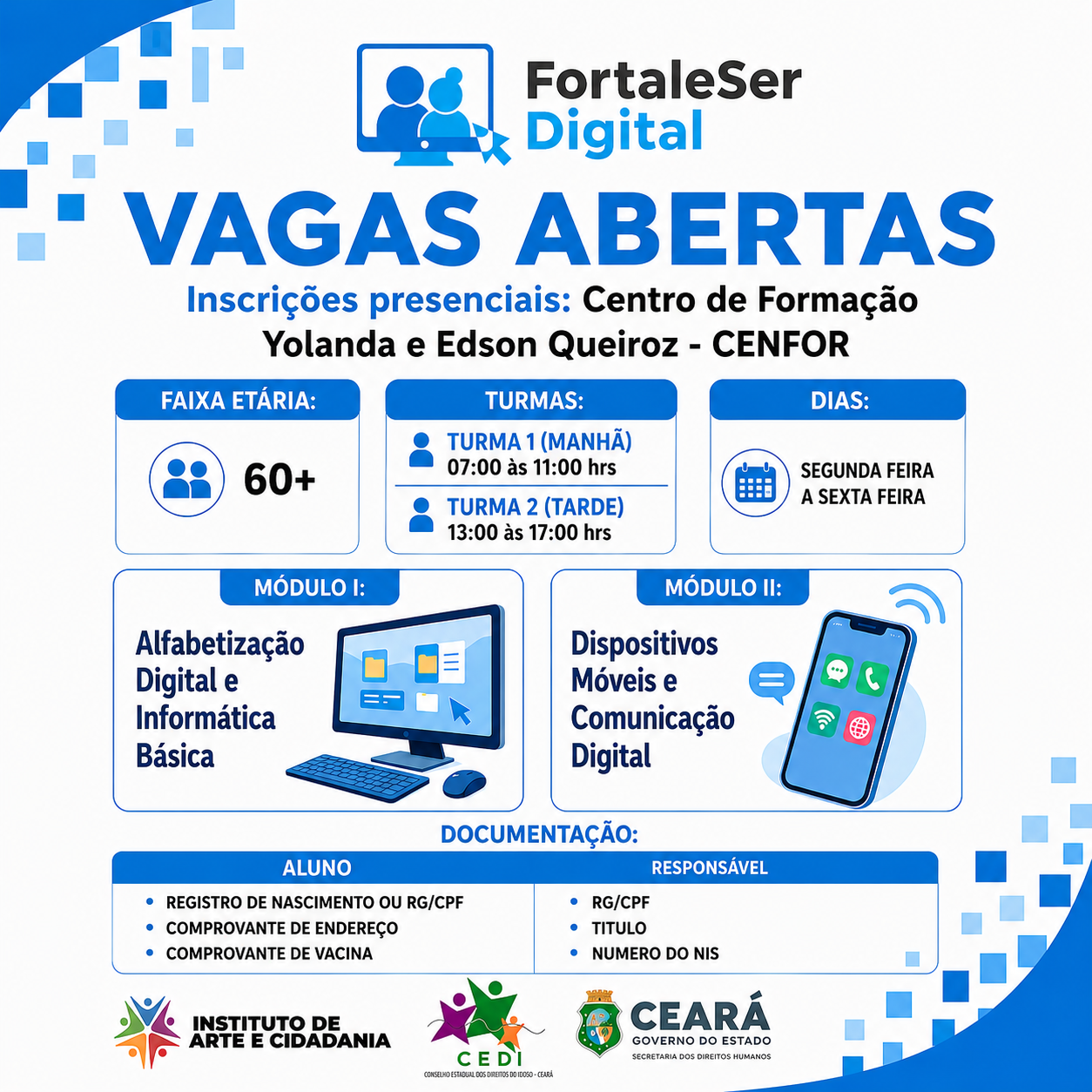 FortaleSer Digital abre inscrições para formação gratuita em tecnologia para pessoas com 60 anos ou mais, em Caucaia